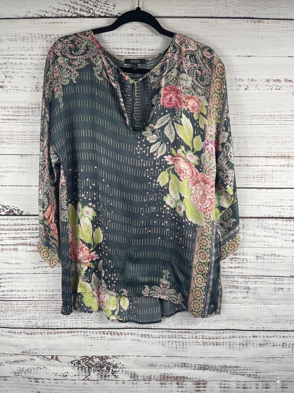 Dressori Tunic Top Women's Large Black Floral Paisley Boho Print Rayon Viscose